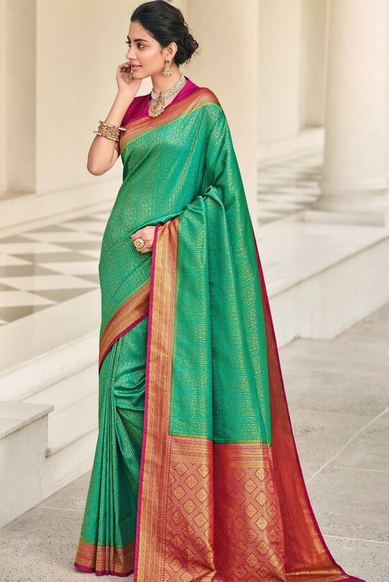 Jade Green Woven Kanjivaram Silk Saree With Contrast Border & Pallu