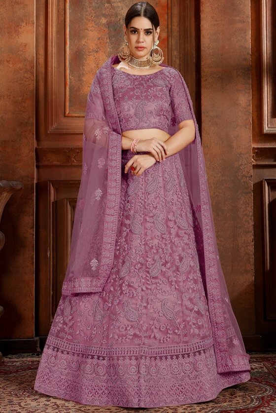 Mauve Purple Lehenga Choli With Stone, Pearl & self Embroidered work