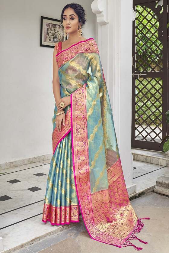 Olympic Blue Woven Tissue Silk Saree With Banarasi Border & Pallu