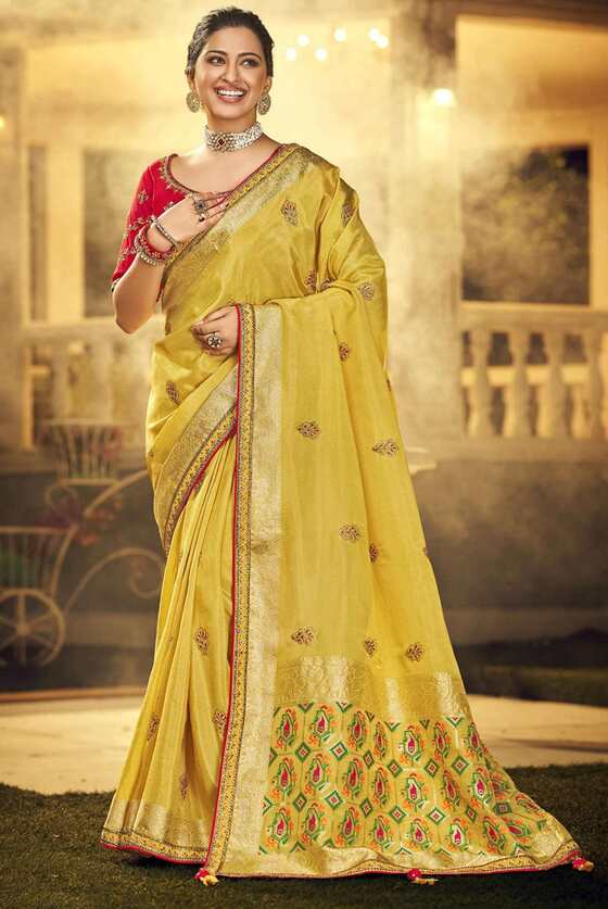 Light Yellow Designer Silk Saree With Embroidered Blouse