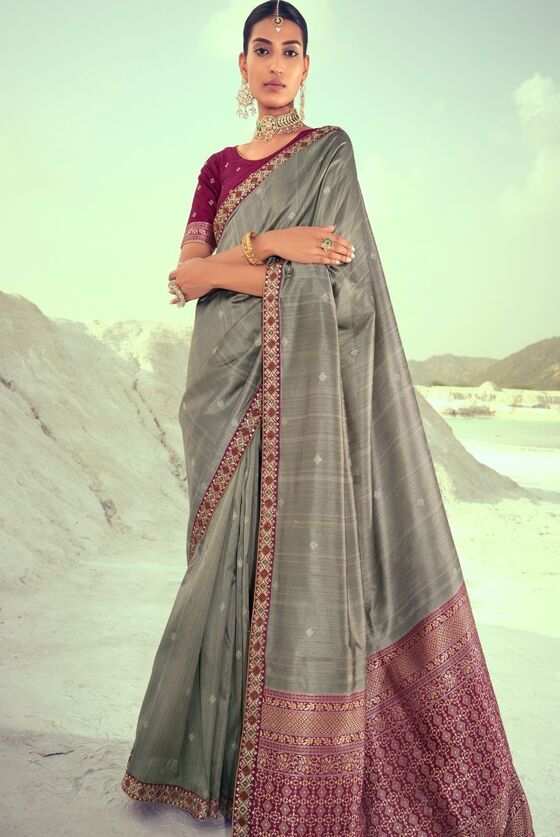 Smoke Grey Woven Banarasi Silk Saree With Embroidered Border & Swarovski Work