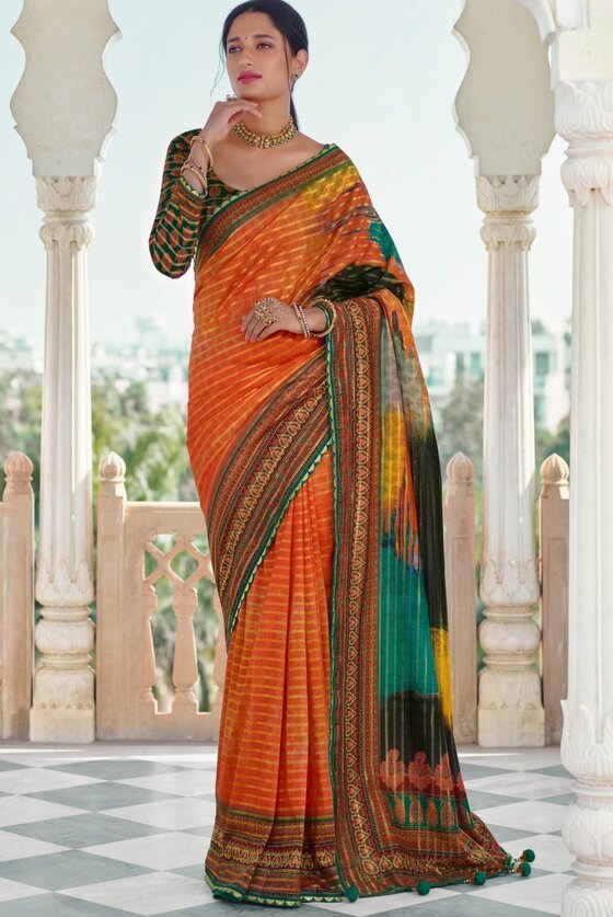 Fire Orange Digital Print Silk Saree