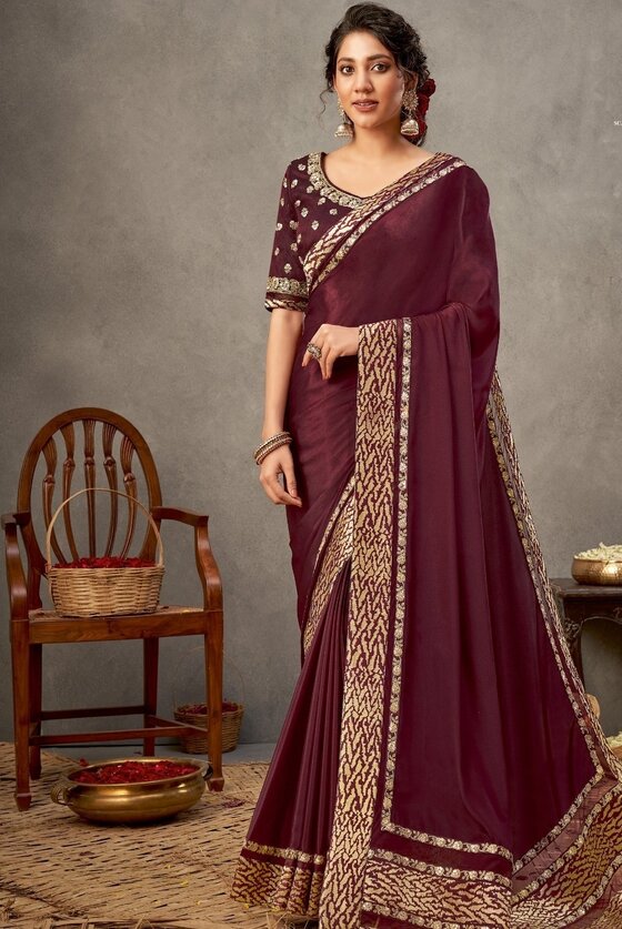 Wine Purple Satin Silk Saree With Resham & Cord Embroidery