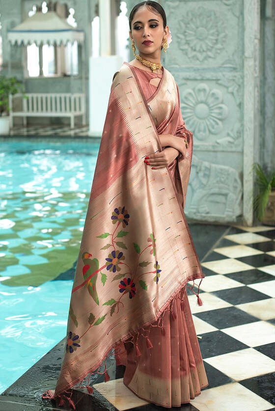 Bronze Brown Tussar Silk Zari Woven Saree With Paithani Border And Pallu