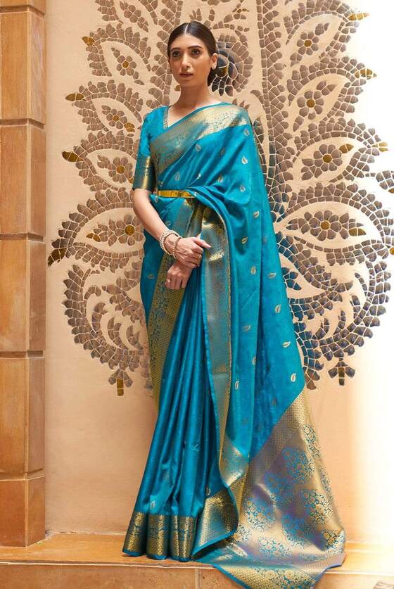 Blue Zari Woven Self Embossed Kanjivaram Silk Saree