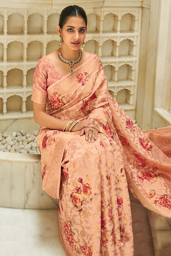 Radiant Peach Zari Woven Digital Printed Saree