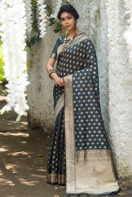 Grey Banarasi Butti Zari Woven Silk Saree