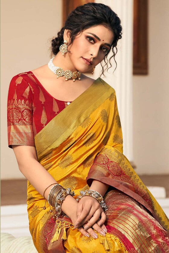 Butter Yellow Zari Butta Woven Banarasi Silk Saree