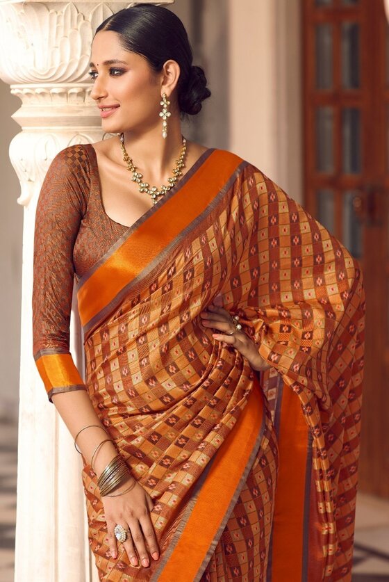 Brown Woven Patola Print Saree With Satin Border