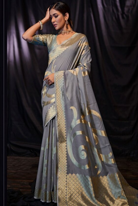 Grey Soft Modal Cotton Silk Saree With Designer Weaving