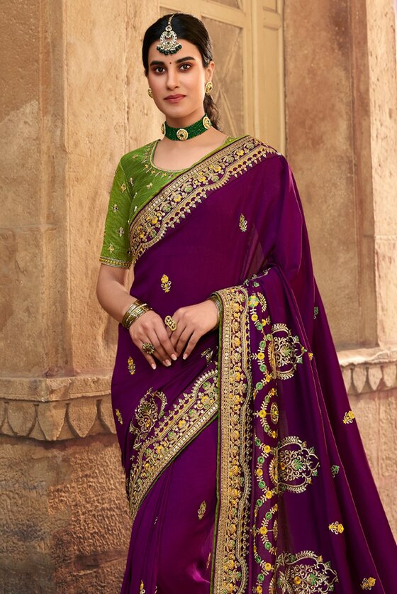 Burgundy Wine Designer Embroidered Silk Saree