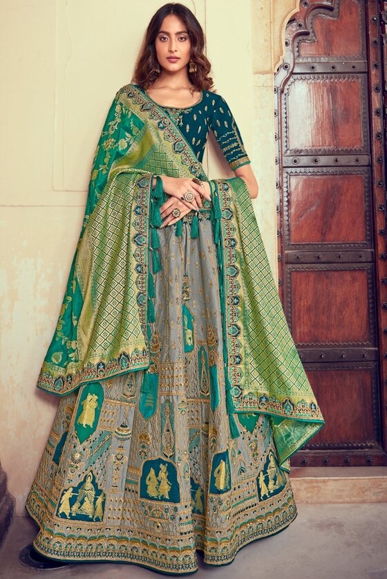 Grey & Green Banarasi Silk Lehenga Choli With Heavy Embroidery Blouse & Border