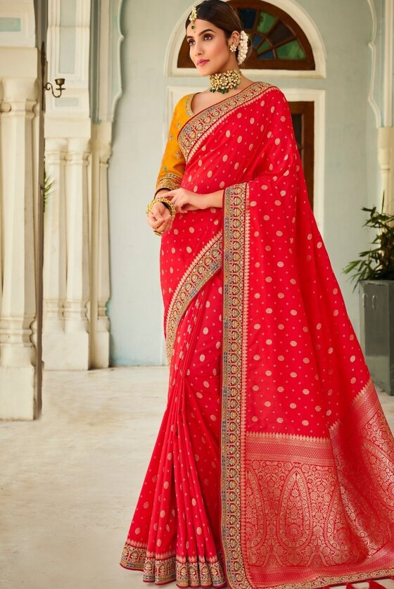 Crimson Red Banarasi Silk Saree With Embroidered Blouse