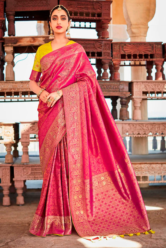 Cerise Pink Zari Woven Kanjivaram Silk Saree With Embroidered Blouse