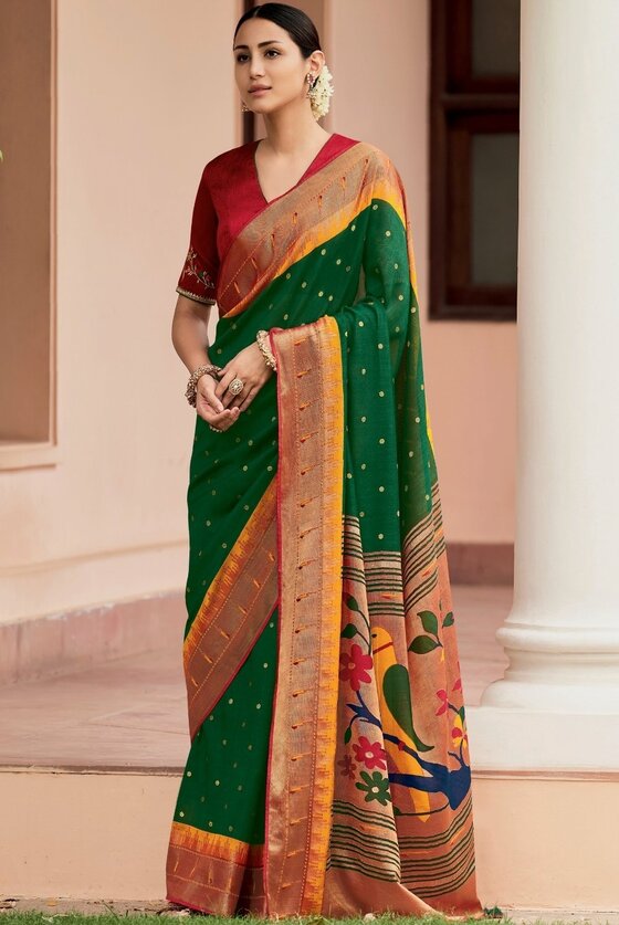 Jungle Green Printed Paithani Silk Saree With Embroidered Blouse