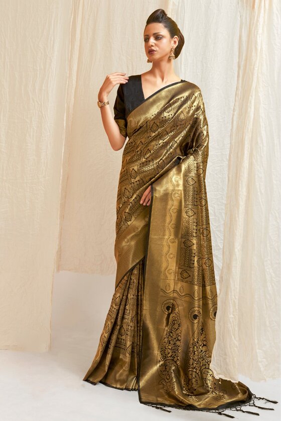 Golden Black Pink Woven Kanjivaram Saree