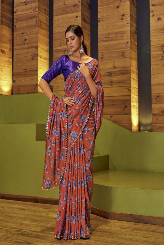 Brown Printed Silk Saree With Sequins Blouse