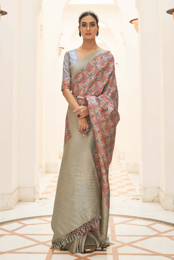 Grey Digital Printed Silk Saree