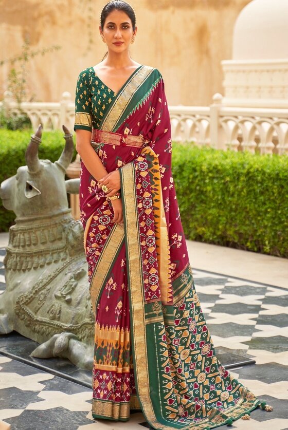 Red & Green Patola Silk Saree with Zari Borders