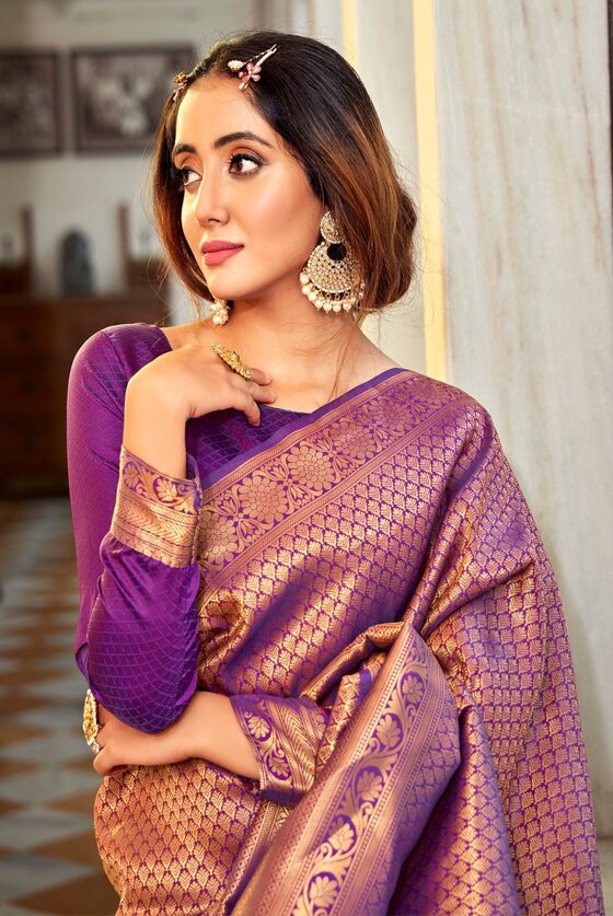 Golden Purple Woven Kanjivaram Saree