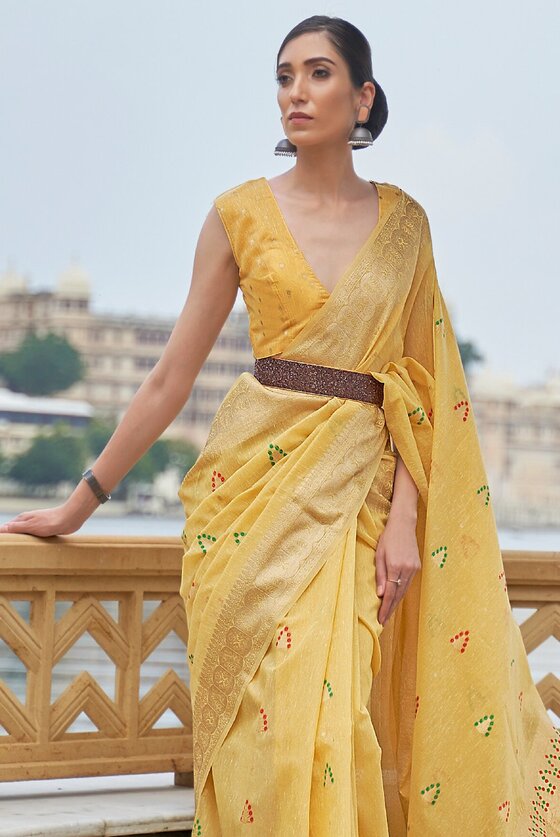 Yellow Woven Banarasi Linen Saree