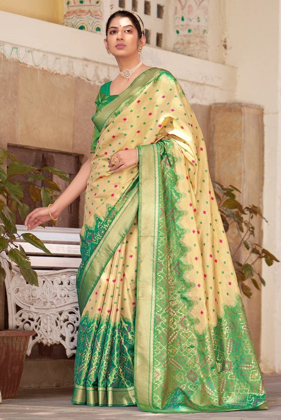 Beige and Green Patola Saree With kanjivaram Border & Blouse