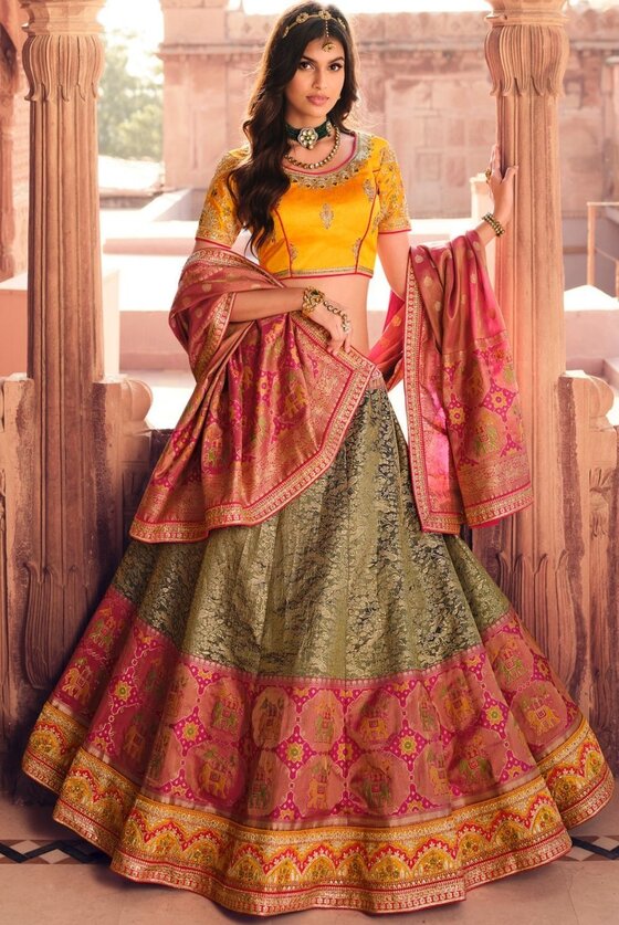 Green & Pink Banarasi Silk Lehenga Choli With Heavy Embroidery Work