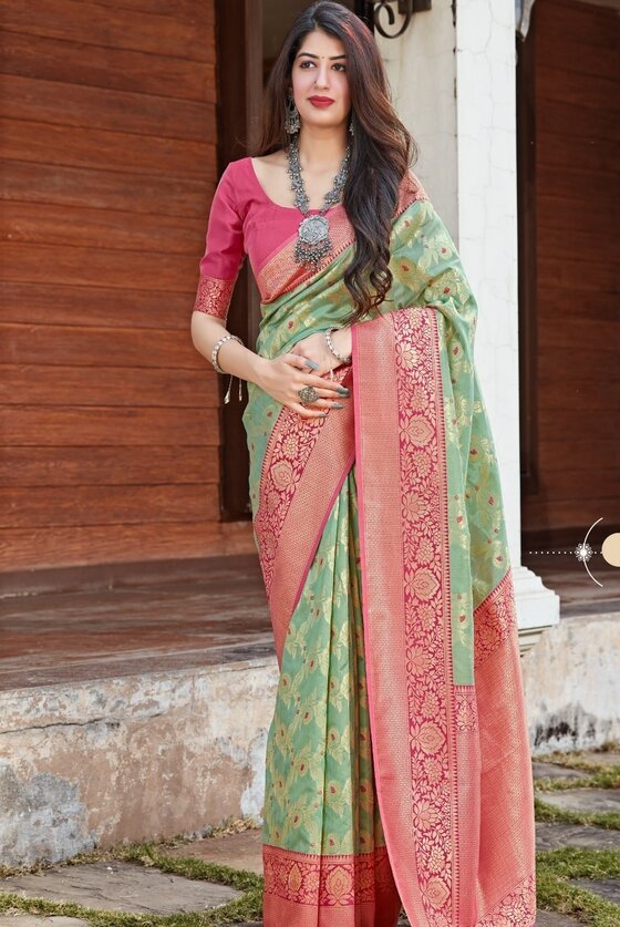 Pastel Green Zari Woven Banarasi Silk Saree