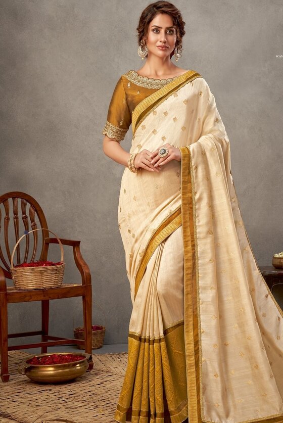 Off White Tussar Silk Saree With Zari & Sequins Embriodery