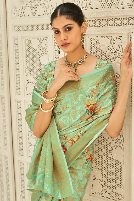 Patel Green Zari Woven Digital Printed Saree