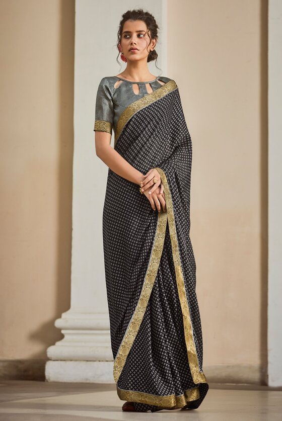 Phantom Black Printed Banarasi Silk Saree