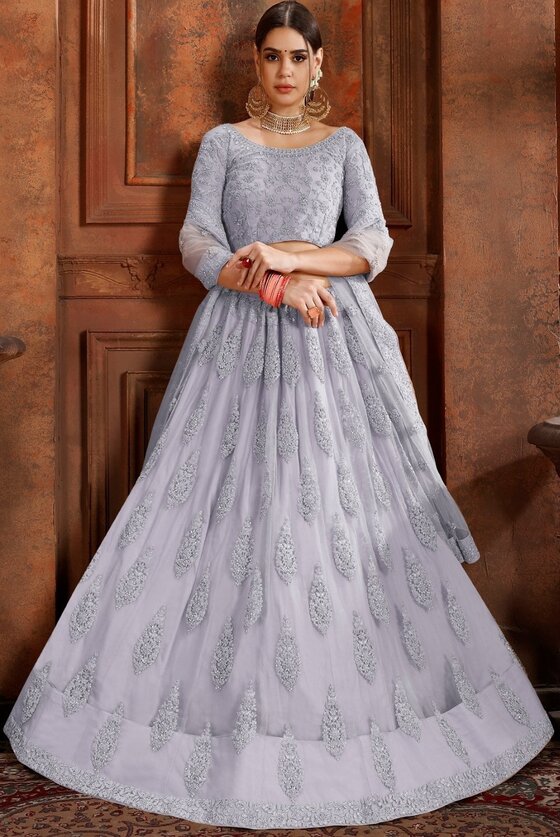 Silver Grey Lehenga Choli With Stone, Pearl & self Embroidered work