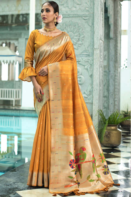 Mustard Yellow Tussar Silk Zari Woven Saree With Paithani Border And Pallu