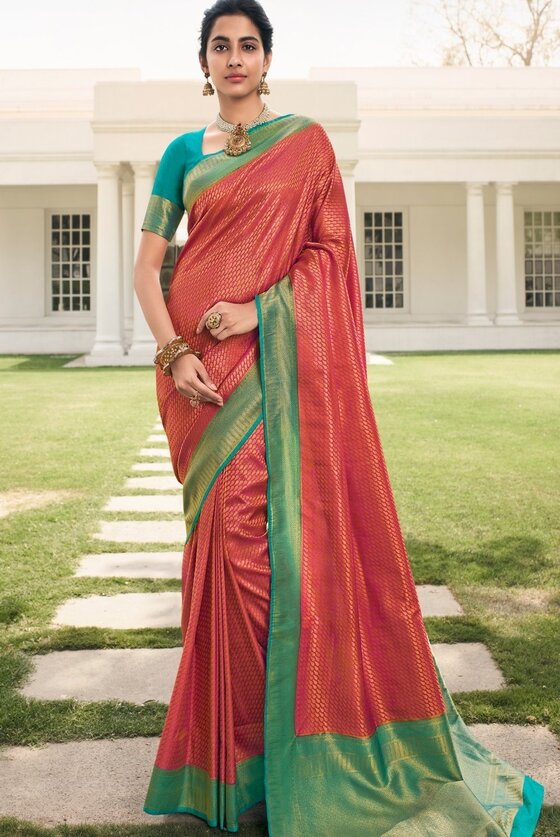 Crimson Pink Woven Kanjivaram Silk Saree With Contrast Border & Pallu