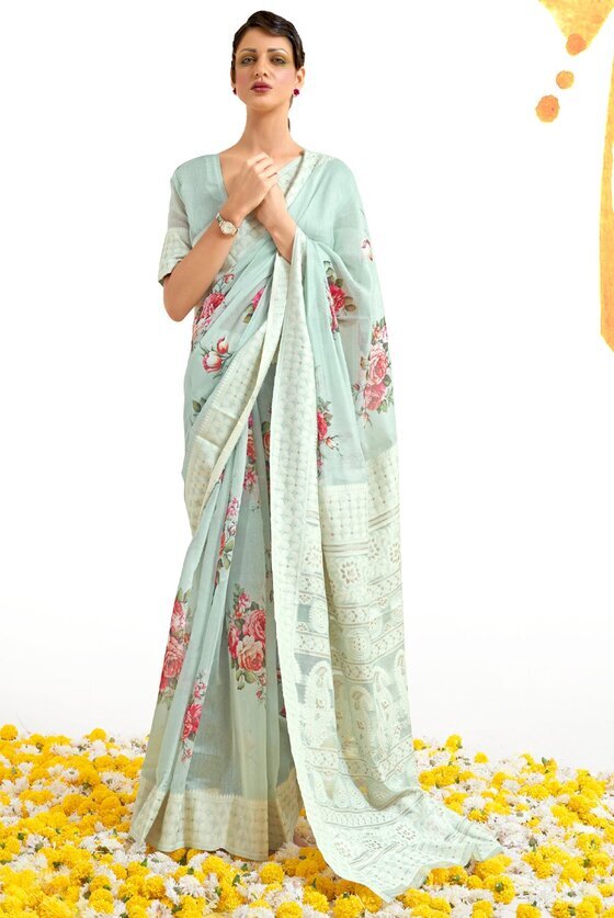 Capri Blue Lucknowi Linen Saree with Digital Print