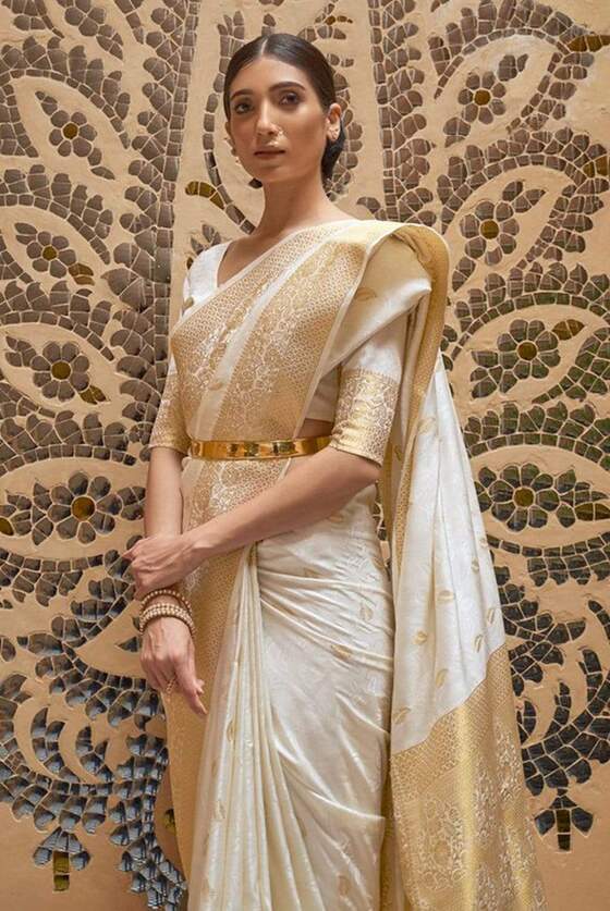 Pearl White Zari Woven Self Embossed Kanjivaram Silk Saree