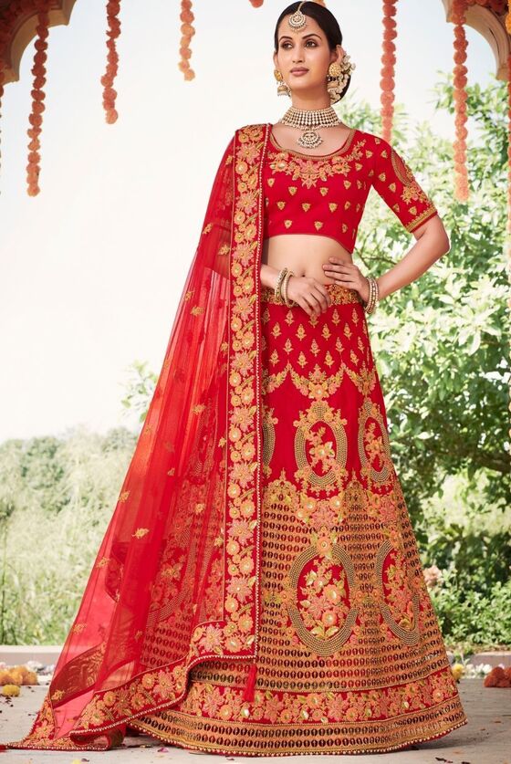 Rose Red Embroidered Silk Lehenga Choli