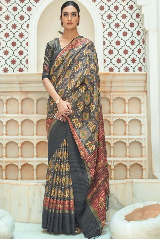 Grey Digital Patan Patola Printed Silk Saree