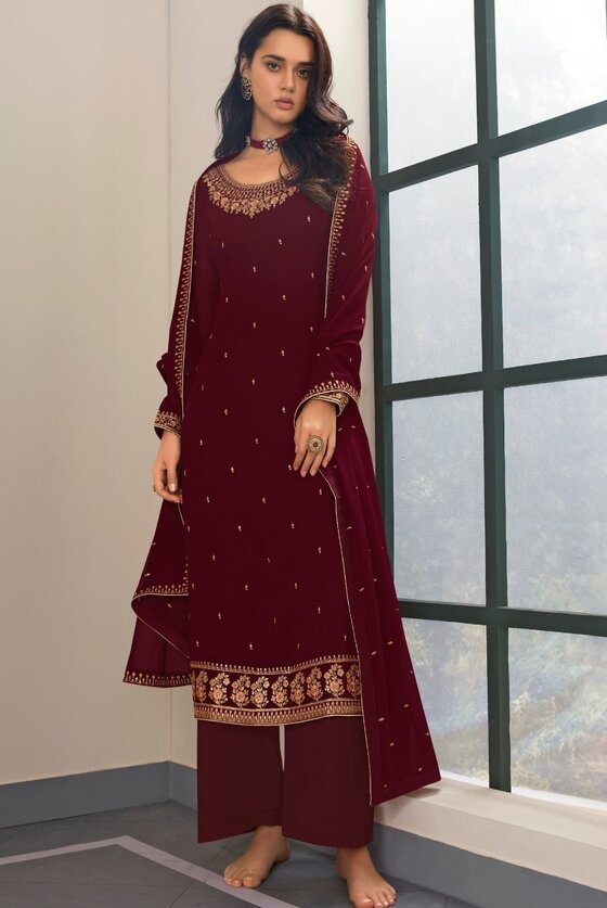 Maroor Red Georgette Embroidered Anarkali Suit