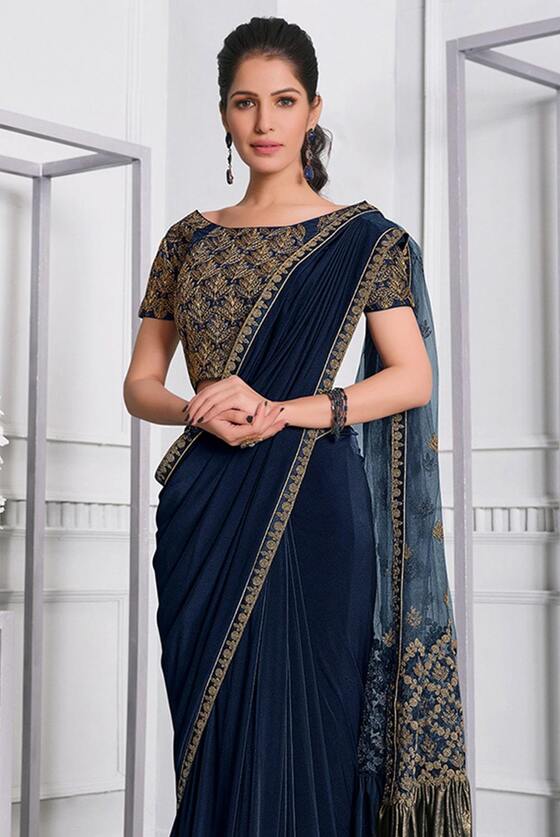 Oxford Blue Ready to wear designer Lycra Silk saree