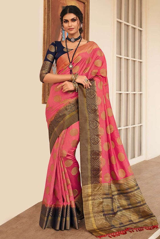 Rose Pink Zari Butta Woven Banarasi Silk Saree