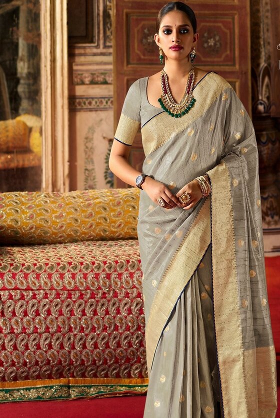 Grey Zari Woven Raw Silk Fusion Banarasi Saree