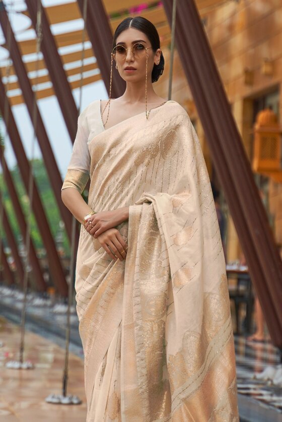 Fawn Beige Zari Woven Kota Banarasi Saree With Sequence Work