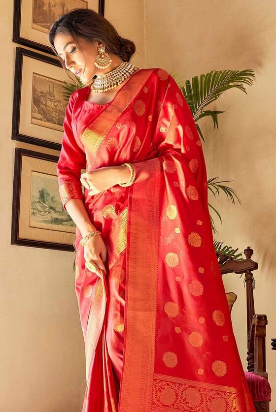 Watermelon Red Woven Self Embossed Banarasi Silk Saree