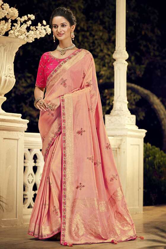 Light Pink Designer Silk Saree With Embroidered Blouse