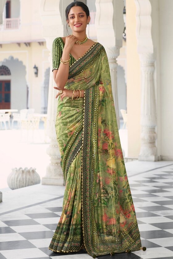 Iguana Green Floral Digital Print Silk Saree