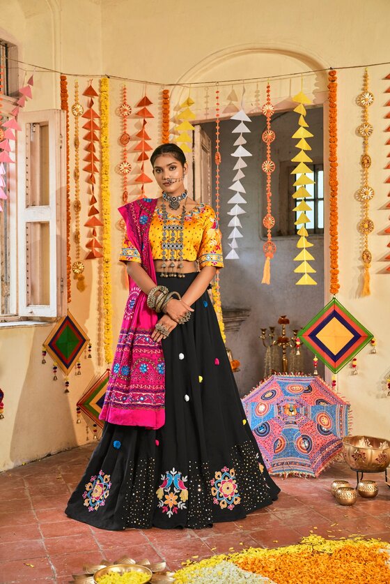 Black Color Muslin Cotton Lehenga Choli