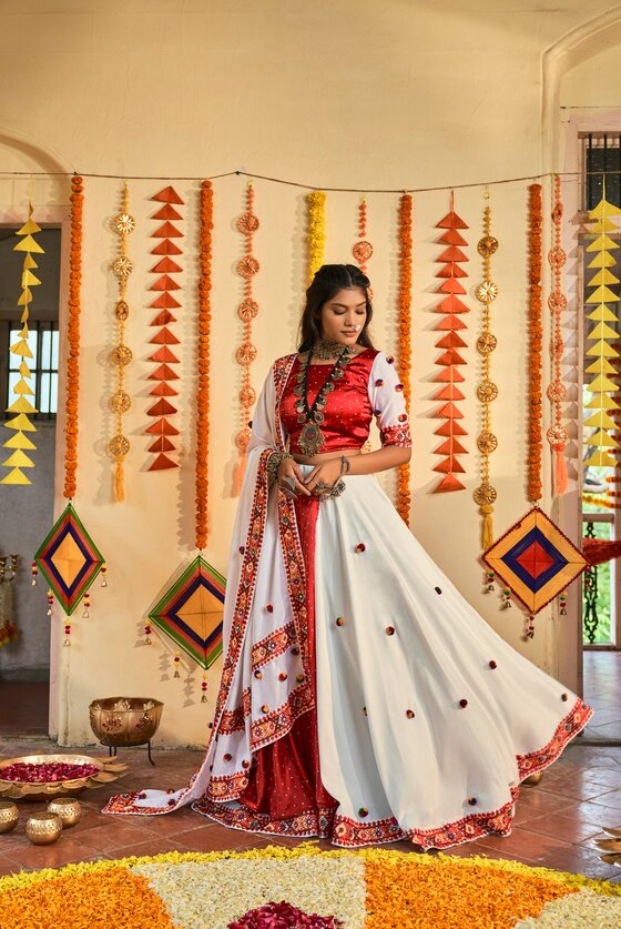 White & Red Color Muslin Cotton Lehenga Choli