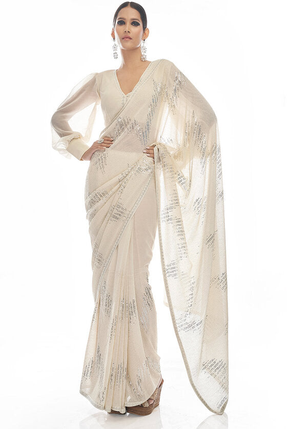 Daisy White Sequins & Thread Embroidered Designer Georgette Saree