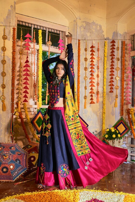 Pink & Navy Blue Color Muslin Cotton Lehenga Choli